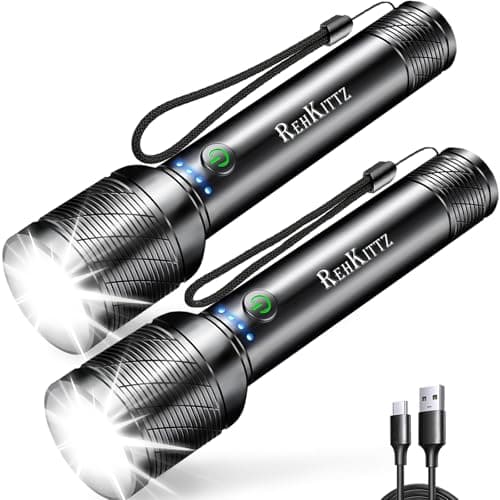 Image of REHKITTZ Torch, LED Rechargeable Torches(Built-in Large Capacity Battery) 2200 Lumen Super Bright Flashlight with Power Display,Long Working Time,Aluminum Alloy,5 Light Modes,Zoomable Torch(2 Pack)