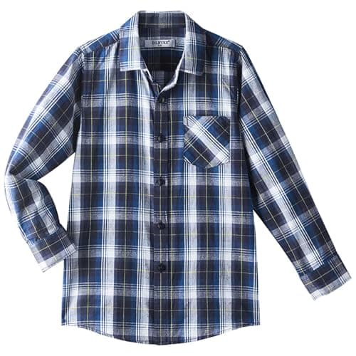 Image of DDILKE Boys' School Shirt Long Sleeve Uniform Shirts Plaid Button Down Poplin Shirt, Regular fit, Navy and Yellow Check, Size 9-10 Years