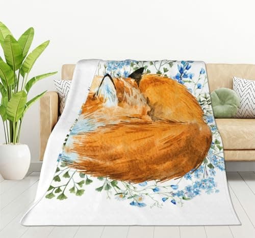 Image of HGOD DESIGNS Watercolor Sleeping Fox Fleece Throw Blanket Ultra Soft Cozy Blooming Decorative Flannel Blanket All Season for Home Couch Bed Chair Travel 100x130cm