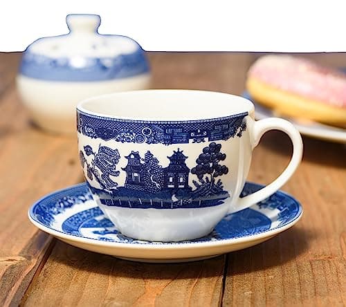Image of AuraHome Blue Willow 8oz 235ml Tea Cup & Saucer 5.75 Inch 15cm One Set Iconic Elegant Blue-Printed Scene on White Porcelain Depicts Nature & Historical Imagery