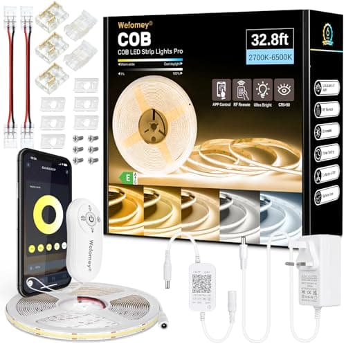 Image of COB LED Strip 10m, Dimmable 2700K-6500K High Bright Dotless LED Tape Light with Remote and APP Control, 6080LEDs, DC24V, CRI>90, 8mm Width, Warm White to Cool White LED Strip Lights for Bedroom