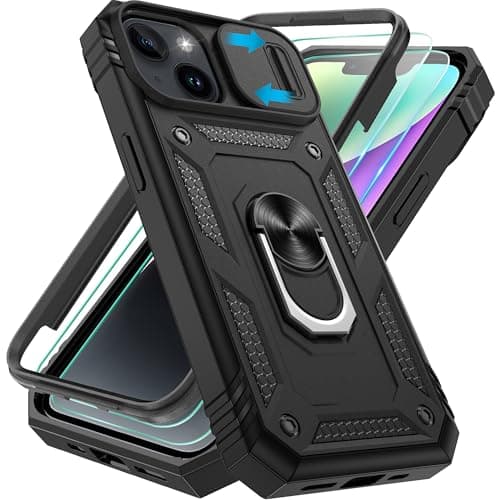 Image of Pilaru 3 in 1 for iPhone 13/14 Case |With Front Frame| [2 Separate Screen Protectors] & Kickstand Ring & Camera Cover Military Grade Drop Shockproof Protection for iPhone 13/14 Phone,Black