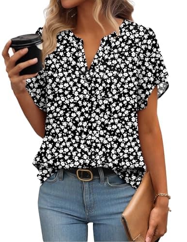 Image of Zeagoo Tops for Women UK Summer Blouses Casual Soft Short Sleeve Tunic Tops Elegant Ladies Blouse Floral Chiffon Double Shirts B-Black Floral XXL