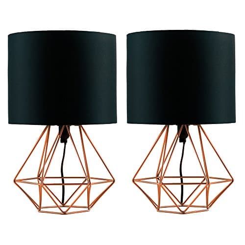 Image of MiniSun | Pair of Modern Copper Metal Basket Cage Bed Side Table Lamps with a Black Fabric Shade | Table Lamps & Home Improvements Essential