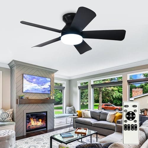 Image of Depuley Modern Ceiling Fan with Light: 35-Inch Black Small Fans for Bedroom Indoor Outdoor - Dimmable Flush Mount Low Profile Ceiling Fans with Remote Control 5 Reversible Black Blades 6 Speeds Timer
