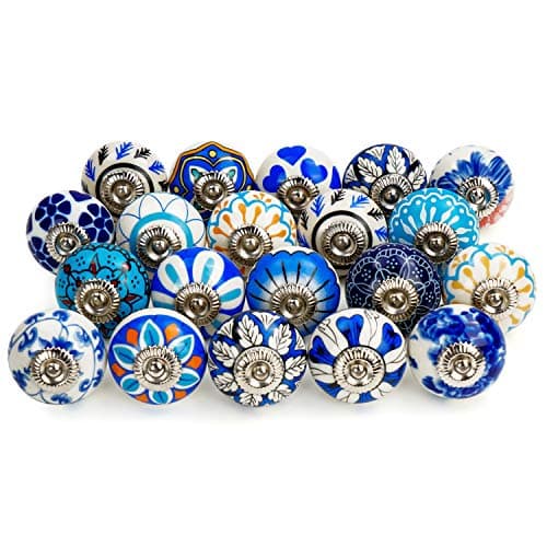 Image of BELLE VOUS 20 Pack Assorted Ceramic Cabinet Drawer Door Knobs - Includes Fixing Hardware - Mix of Multi-Colour Vintage Round Pull Handles for Kitchen Cupboards, Dressers, Wardrobes & Cabinets