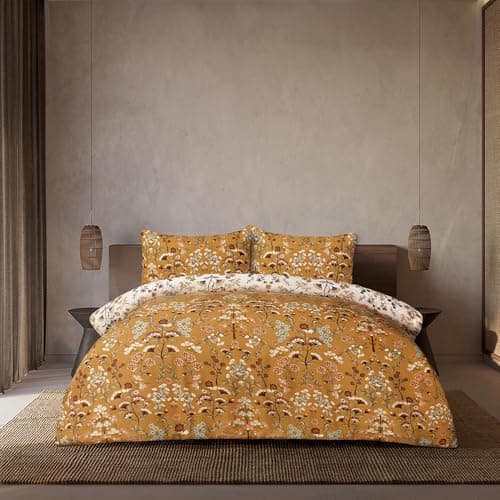 Image of Sleepdown Folk Floral Mustard Duvet Set, Super Soft, Reversible Design Single Duvet Cover (135 X 200 CM), Button Fastening, 100% Polyester Microfibre Bedding Set with Pillowcase