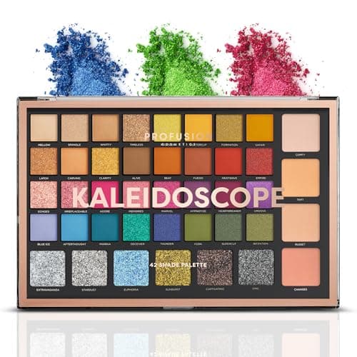 Image of Profusion Cosmetics Kaleidoscope 42 Shade Palette Bright Colors Matte Shimmer Satin Colorful Eyeshadow Makeup Pallete Long lasting and Pro Pigment Silky Powder Eye Shadow