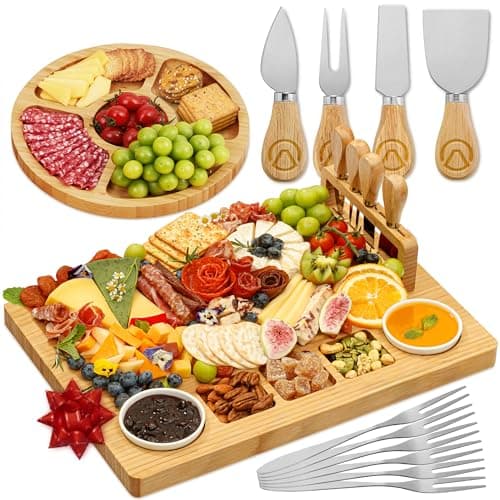 Image of Charcuterie Boards Deluxe Gift Set - 15 Pieces, Bamboo - Large Cheese Board Plus Fruit Tray w/Magnetic Cheese Knives Holder for Valentine's Day Present, Birthday, Housewarming, Wedding Shower Gifts