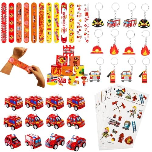 Image of Yhjxly Fireman Party Bags, Pack of 46 Fire Brigade Decoration Children's Birthday, Fireman Party Sticker Slap Bracelets Key Ring for Fireman Birthday Decoration