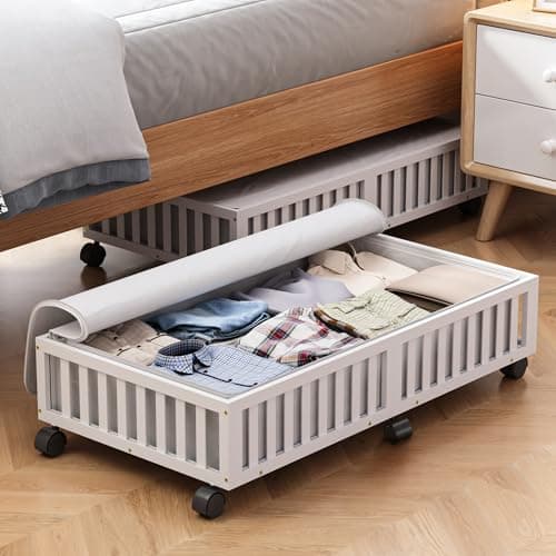 Image of Bamboo Under Bed Storage Containers with Wheels, 2 Pack Large Under the Bed Shoe Storage Bins, Wood Rolling Underbed Drawers Organizer for Bedroom Closet Clothes Blanket Under Crib Toy White