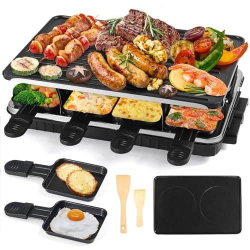 Image of Raclette Grill for 4 6 8 People Party 1500W- Raclette Machine with 8 Mini Non-Stick Pan, Electric Barbecue Grill Health Large Indoor in Non-Stick Grilling Surface