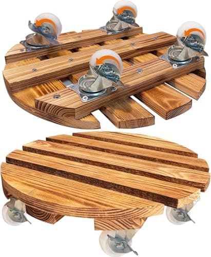 Image of 2 Pack Wood Plant Caddy with Wheels Heavy Duty, Rolling Plant Stand 220 LB Heavy Duty Wooden Round Plant Dolly with Metal 360° Lockable Caster Wheels for Outdoor/Indoor Large Plant Pot/Flower Pot