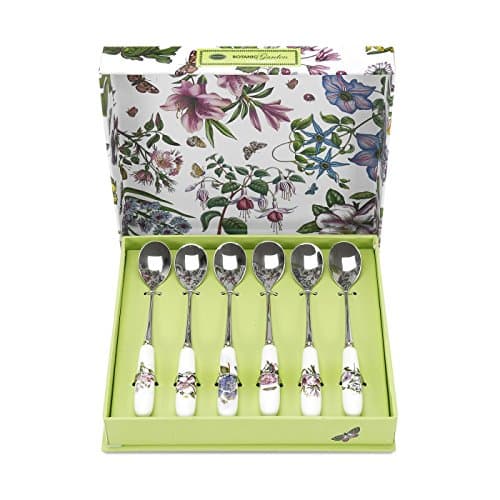 Image of Portmeirion x Botanic Garden Set of 6 Tea Spoons - White Porcelain & Stainless Steel Teaspoons, Beautiful Floral Design, Suitable for Tea, Coffee, or Dessert