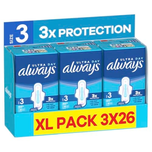 Image of Always Ultra Sanitary Towels, Size 3 Day Long Plus, Extra Large Pack, 78 Count, Super Absorbent, Ultra Thin Pads with Wings for Heavy Flow
