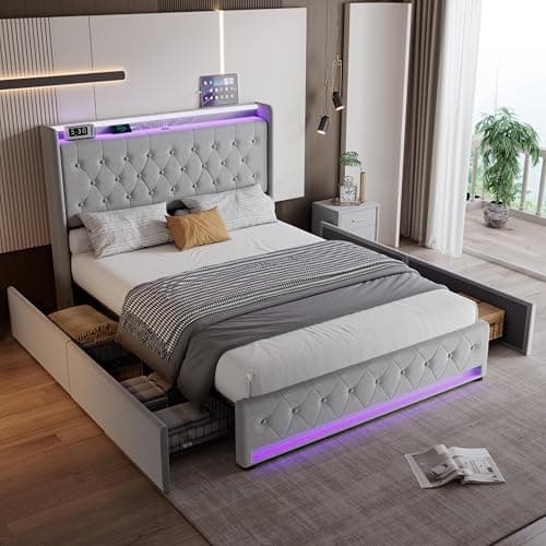 Image of ModernLuxe Upholstered Double Bed, 4FT6 Bed Frame with Soft Backrest, 4 Drawers, Light Strips and Built-in Charging Socket, Wooden Bed Slats, Suitable for Adults and Teenagers, Velvet, Grey, 135x190cm