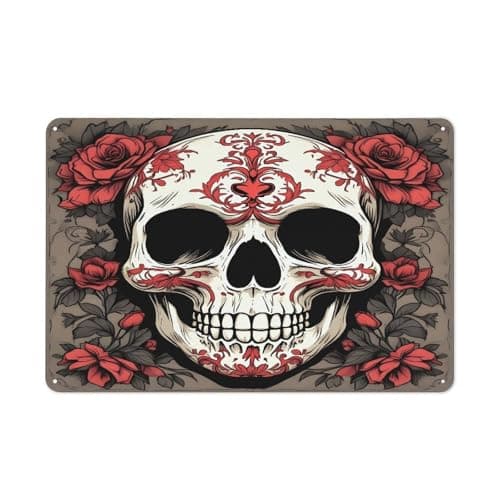 Image of Skull with Red Roses Metal Sign 20x30cm Modern Tin Signs Indoor Outdoor Wall Art Deco for Home, Office, Cafe, Yard & Garden