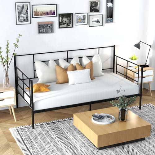 Image of Multigot 3FT Single Day Bed Frame, Metal Guest Sofa Bed with 28cm Underbed Storage Space, Slat Support Daybed Black Mattress Platform Base Fits for 90 x 190cm Mattress for Living Room Bedroom