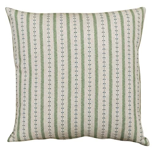 Image of Linen Loft Cotswold Countryside Stripe Cushion Cover. Cottagecore Green and Blue Floral Botanical Stripe Design. 17x17 Cushion Cover Only