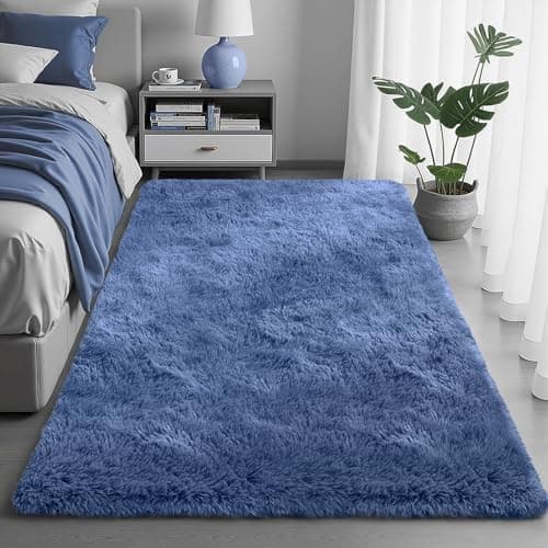 Image of FVVRAX 90x150cm Cobalt Blue Shaggy Rug – Soft Fluffy Area Rug for Living Room & Bedroom, Non-Slip Plush Carpet for Kids, Nursery, Dorm, Machine Washable Large Floor Mat