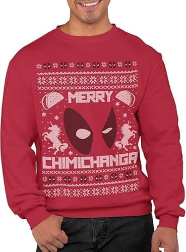 Image of Graphic Impact Inspired Fictional Red Pool Character Merry Chimichanga Ugly Christmas Theme Xmas Jumper Xmas Sweatshirt Adults Unisex Sweater Christmas Jumper (Large, Red)