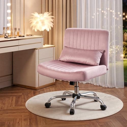 Image of Warmiehomy Criss Cross Legged Velvet Office Chair for Home, Armless Desk Chair with Wheels, Height Adjustable Swivel Vanity Chair with Wide Seat and Lumbar Pillow for Bedroom and Home Office, Pink