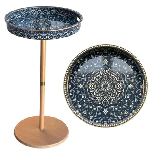 Image of Simmer Stone Boho Round Side Table With Tray Top, Pedestal Drink Table for Small Spaces, Aesthetic Accent Nightstand for Living Room, Bedroom, Corners, and Office (Yellow Leg Blue Maze)