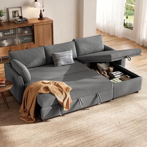 Image of HOMRELEXA Corner Sofa Bed, Corduroy L Shaped Sofa, Convertible Pull Out Sectional Couch Bed with Storage, Reversible Chaise for Left or Right, Ideal for Lounge, Grey