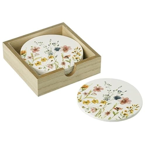 Image of Heaven Sends Floral Wooden Coaster Set – 4 Round Coasters with Wildflower Print & Wooden Storage Box – Decorative Drink Mats for Tables & Home Décor