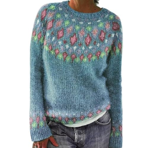 Image of Icelandic Fair Isle Jumpers for Women Uk Vintage Fairisle Nordic Ladies Jumper Casual Loose Long Sleeve Crew Neck Knit Jacquard Pullover Sweater Stylish Retro Pattern Wool Knitwear Blue