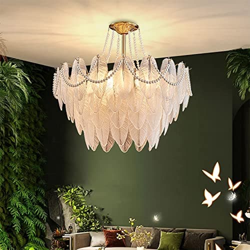 Image of Chandelier Contemporary Glass Ceiling Chandelier with Textured Leaf Shade, Creative Glass Feather Art Deco Pendant Light, Adjustable Cord 4/6 Lights Hanging for Living Room, Gold, 60cm