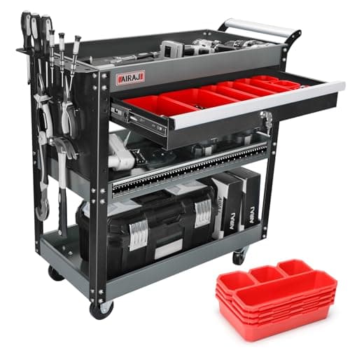 Image of AIRAJ 3 Tier Rolling Tool Cart,Mechanic Tool Cart on Wheels,Industrial Utility Cart with Drawers and Pegboard,440 LBS Capacity Tool Storage Cart for Garage,Warehouse,Black