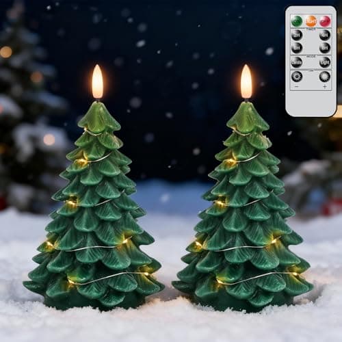 Image of Eldnacele Christmas Flameless Candles with Remote Timer, Real Wax Flickering LED Candles with String Light, Battery Operated Fake Candles Christmas Tree Shaped for Home Décor Christmas Decoration