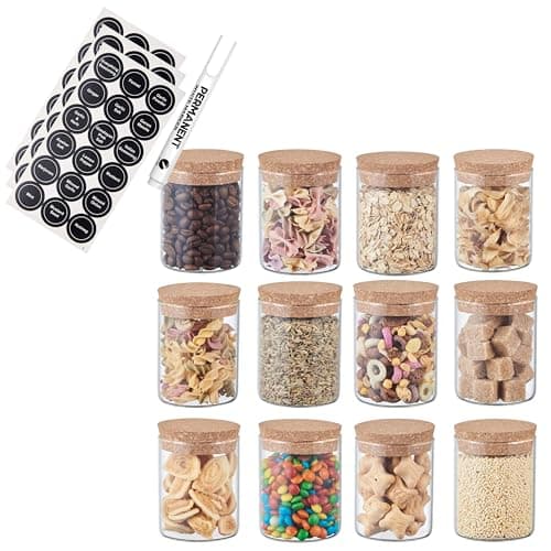 Image of ORNAMI Small Glass Food Jar with Cork Lid and Airtight Sealing, Little Clear Canister Jar for Kitchen Storage, for Grains, Seeds, Salt, Pepper, Spices - Set of 12 (200ml)