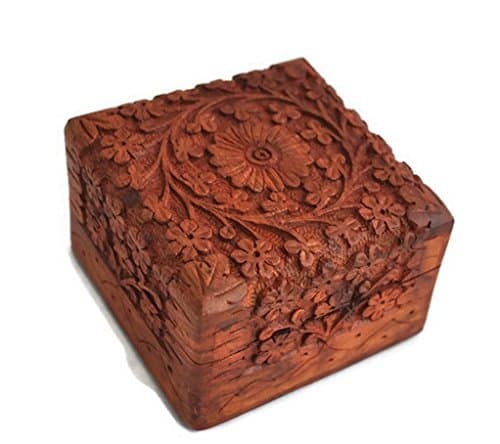 Image of storeindya Sale Beautifully Hand Carved Wooden Keepsake Box Jewellery Chest Organiser Unique Gift Ideas for Men & Women (Design 9) 'Due to nature of the material and dye used, item may come in different shades of brown'