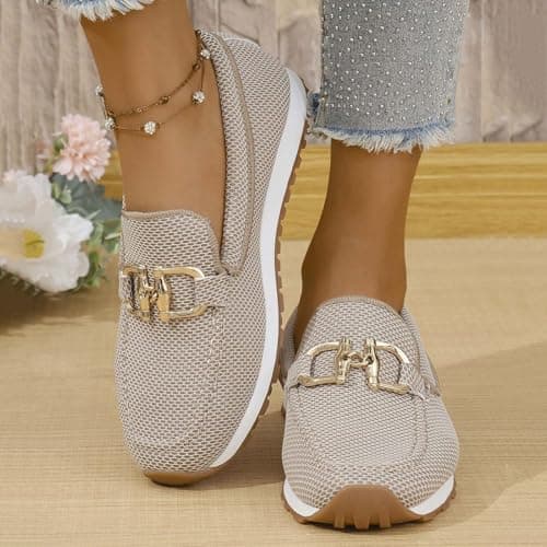 Image of Women's Loafers with Arch Support Casual Slip-On Orthopedic Leather Wedge Loafer Comfortable Slip On Loafer Sneakers with Chain Non-Slip Walking Boat Shoes Fashion Retro Loafer