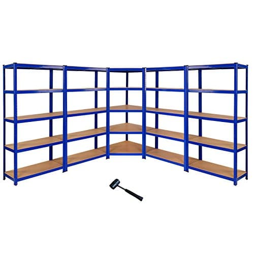 Image of 1 x Corner Garage Racking Unit & 4 x Single Racking Storage Units / 5 T-Rax Blue Steel & MDF Shelves / 6925kg capacity / 265kg per shelf/Free Rubber Mallet