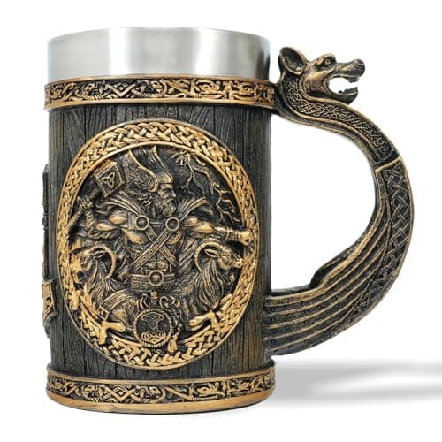 Image of AtSKnSK Viking Beer Mug - 304 Stainless Steel Beer Stein, 0.6 Liter/21 oz Resin Carving Metal Cup, Norse Mythological Designs, Birthday Viking Beer Gifts for Men (Thor)