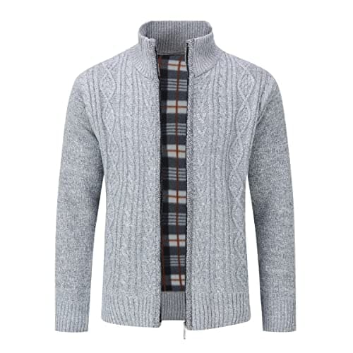 Image of Sliktaa Mens Knitted Cardigan Thick Sweater Full Zip Wool Stand Collar Cardigans Coat Fleece Lined Long Sleeve Cardigan, XL, Light Grey