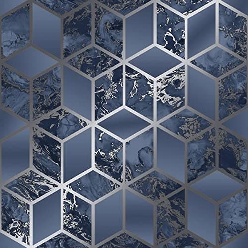 Image of Muriva Elixir Cube Blue Silver Wallpaper 166512 - Metallic Geometric Marble