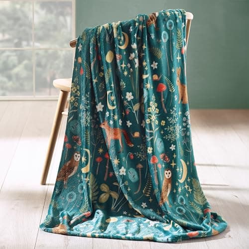 Image of Catherine Lansfield Enchanted Twilight Animals Cosy Fleece 130x170cm Blanket Throw Forest Green