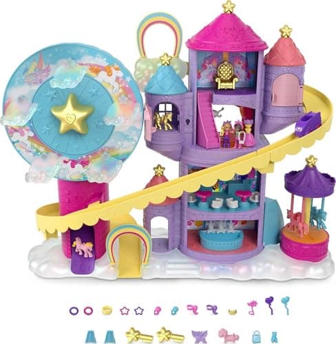 Image of Polly Pocket Rainbow Funland Theme Park, 3 Rides, 7 Play Areas, Polly and Shani Dolls, 2 Unicorns & 25 Surprise Accessories (30 Total Play Pieces), Great Gift for Ages 4 Years Old & Up, HBT13