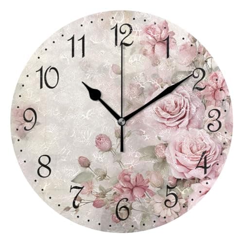 Image of Mnsruu Wall Clock Vintage Pink Roses Silent Non-Ticking Decorative Wall Clocks Battery Operated 25x25cm for Home Living Room Kitchen Bathroom Bedroom