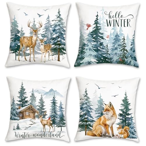 Image of Bonhause Hello Winter Cushion Covers 45 x 45 cm Reindeer Fox Squirrel Snowy Pine Trees Decorative Throw Pillow Covers for Sofa Couch Bed Home Winter Holiday Decor Set of 4