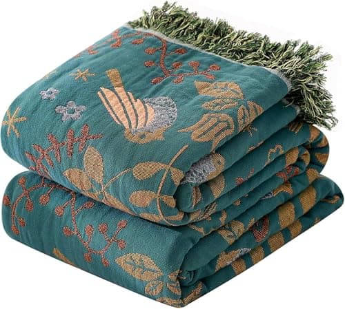 Image of HOORDRY 100% Organic Cotton Double-Sided Teal Throw Blanket -130x150cm(50×60In), Bohemian Soft and Warm Cotton Blanket and Bedspread for Armchair. Green/Teal.