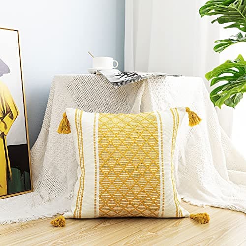 Image of LIGICKY Decorative Boho Throw Pillow Covers, Hand-Woven Pillowcase with Tassels for Couch Sofa Bed Living Room, Yellow 45 x 45 cm