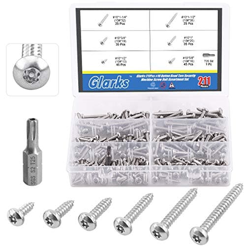 Image of Glarks 211Pcs #10 x 1/2'' / 5/8'' / 3/4'' / 1" / 1-1/4'' / 1-1/2'' Button Head Torx Security Stainless Steel Screws, 6 Size Tamper Resistant Screws Assortment Set with T25 Bit