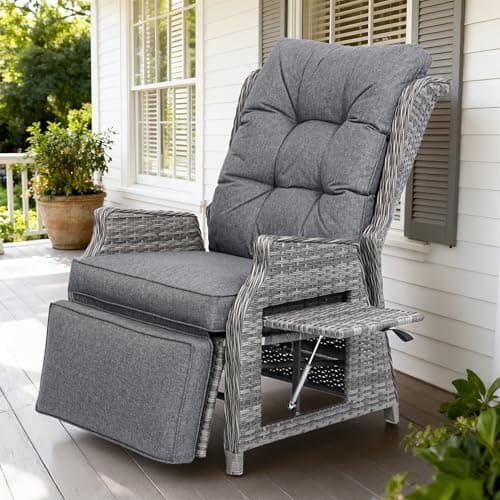 Image of COMLAX FIELD Garden Recliner Chairs, Rattan Reclining Sunlounger with Thick Cushions, Adjustable Sun Lounger with Flip Table for Indoor Outdoor, Dark Grey