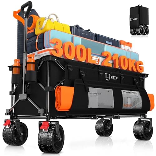 Image of BTTN 300L Large Folding Festival Trolley on Wheels, 210kg Capacity Garden Cart with 18x10 cm Big All-Terrain Extra Wide Wheels, Portable Utility Storage Wagon for Shopping Camping Beach Garden, Black
