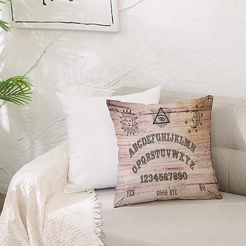 Image of Square Pillow Covers 50x50cm,Ouija Board Wooden Texture Talking Spirit Board with Alphabet Letters ,Decorative Polyester Cushion Covers with Invisible Zipper, Pillowcases for Living Room Sofa Bedroom